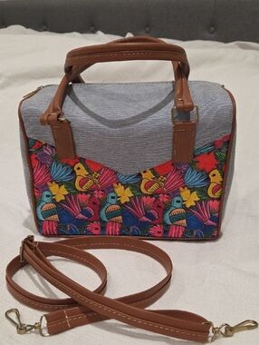 Colorful Embroidered Bird Pattern Bag with Brown Trim